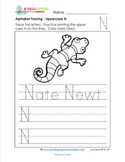 Alphabet Tracing - Uppercase N - Nate Newt - Printing Practice Worksheets