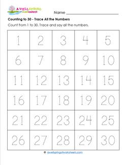 math kindergarten numbers 1-30 worksheets the   Numbers All Trace Wellspring 30 Counting to A