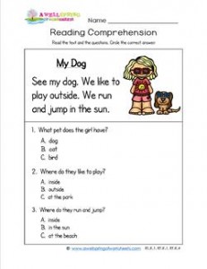 Kindergarten Reading Comprehension - My Dog. Three multiple choice reading comprehension questions.
