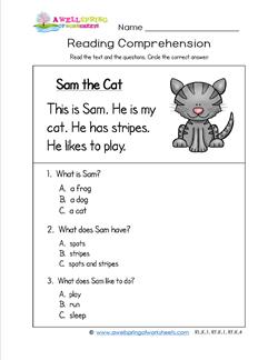 kindergarten reading comprehension sam the cat