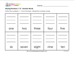 missing numbers 1 10 number words kindergarten number writing