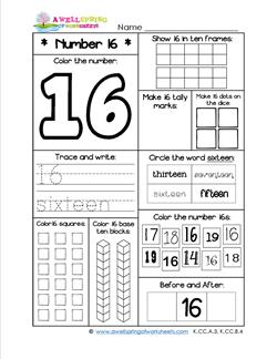 Number Worksheets for Kindergarten | Number 16 Worksheet