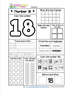 Number Worksheets for Kindergarten | Number 18 Worksheet