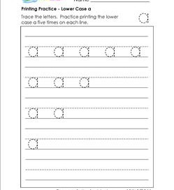 printing practice - lower case a - handwriting worksheets for kindergarten