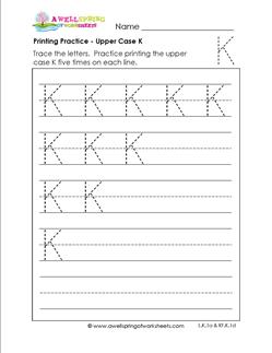 printing practice - upper case K - handwriting practice for kindergarten