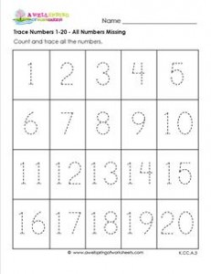 trace all numbers 1 20 kindergarten numbers worksheets