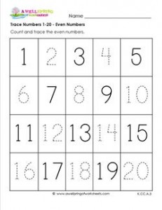 trace numbers 1 20 even numbers number worksheets
