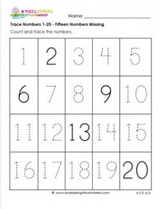 trace numbers 1 20 15 numbers missing number worksheets