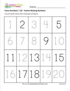 Trace Numbers 1-20 - Kindergarten Numbers Worksheets