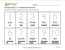 tracing numbers 1 10 number words and dots kindergarten numbers