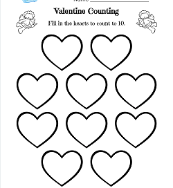 Valentine Counting - 10 Hearts - Valentine Math Worksheets